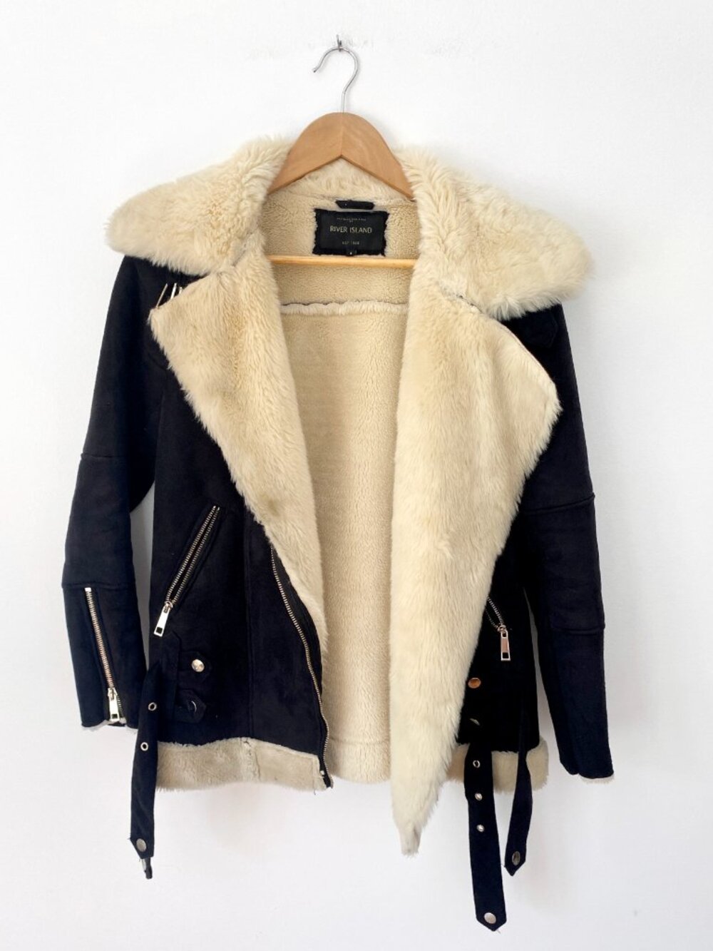 River Island faux shearling black coat, size UK 8 / US 4